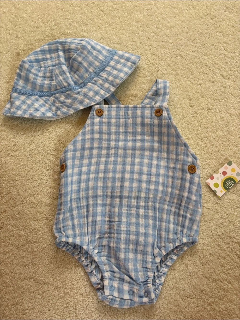 Infant Boys Little Me 100%Cotton Blue Gingham Romper with Matching Sun Hat